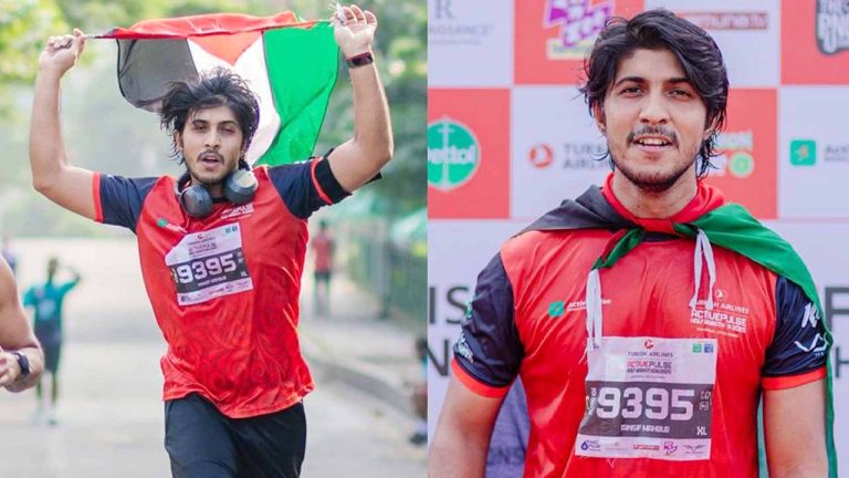 ম্যারাথনে ফিলিস্তিনের পতাকা হাতে তৌসিফ মাহবুব